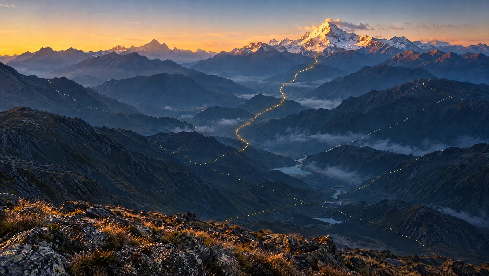 Varios senderos posibles marcados en la cordillera al amanecer