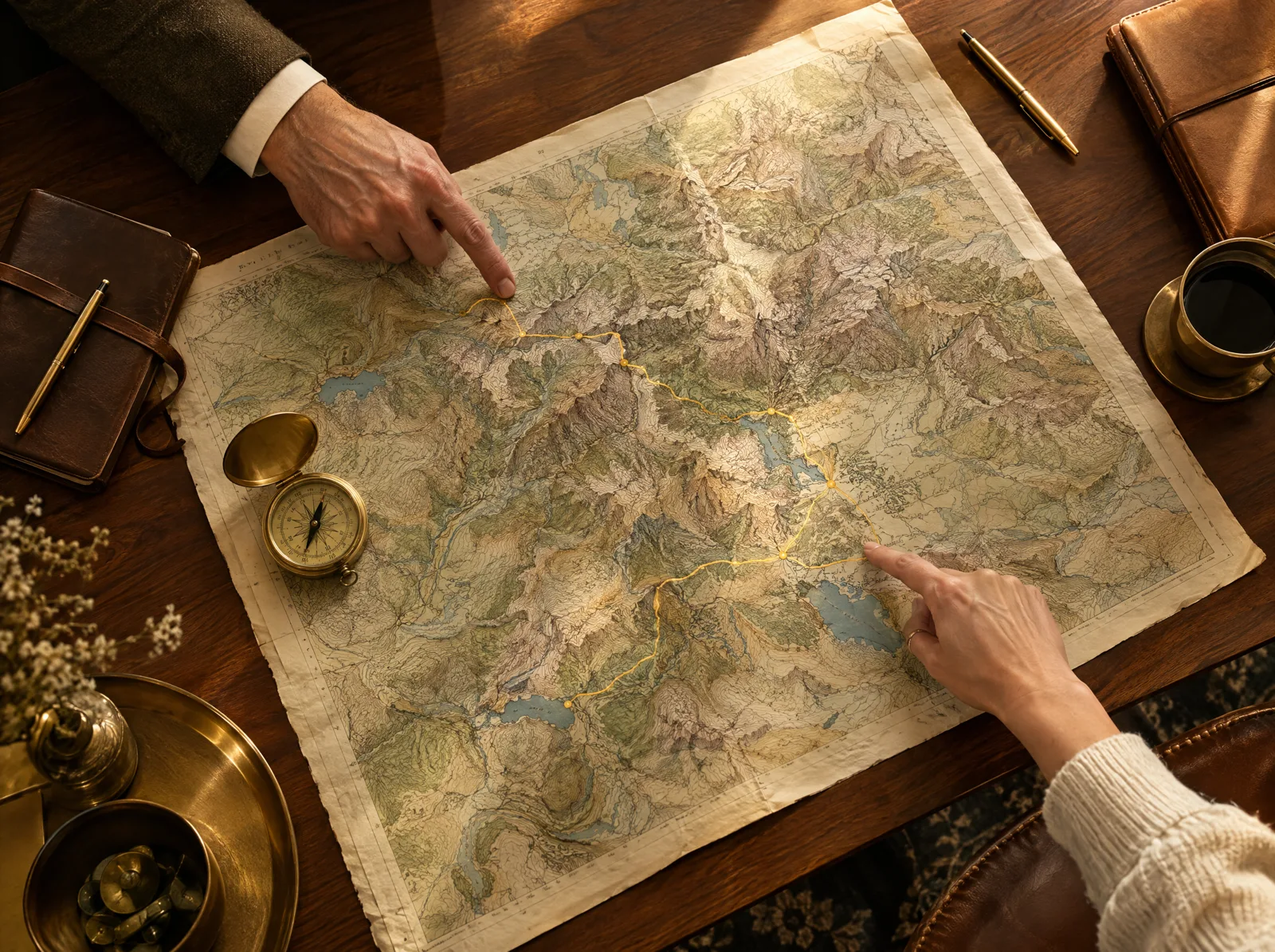 Imagen de ambientación: dos personas señalan una ruta sobre un mapa topográfico en una mesa de madera, junto a una brújula