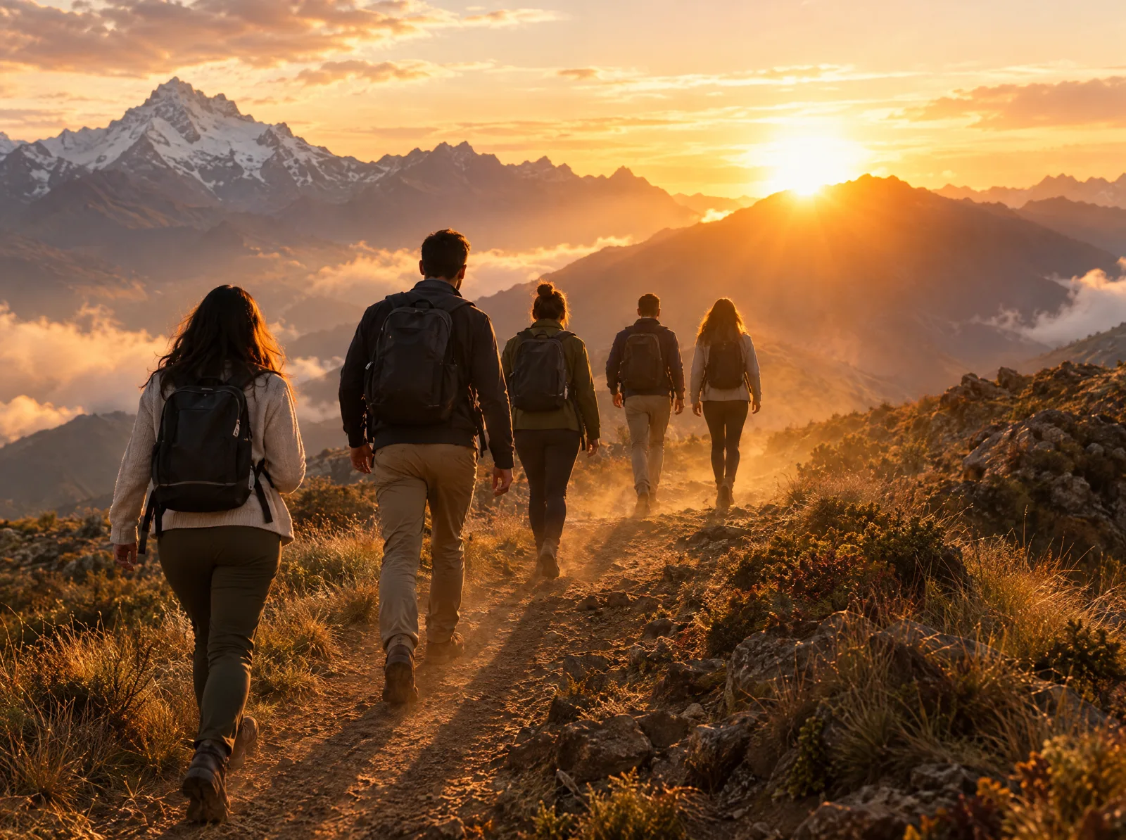 Imagen de ambientación: un grupo de personas camina por un sendero de montaña hacia el amanecer