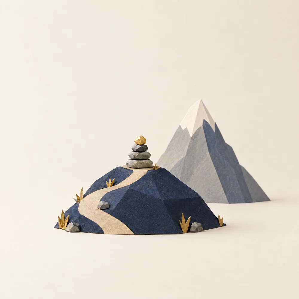Maqueta de papel: una colina baja con un sendero corto y fácil hasta un pequeño mojón de piedras con una piedra dorada