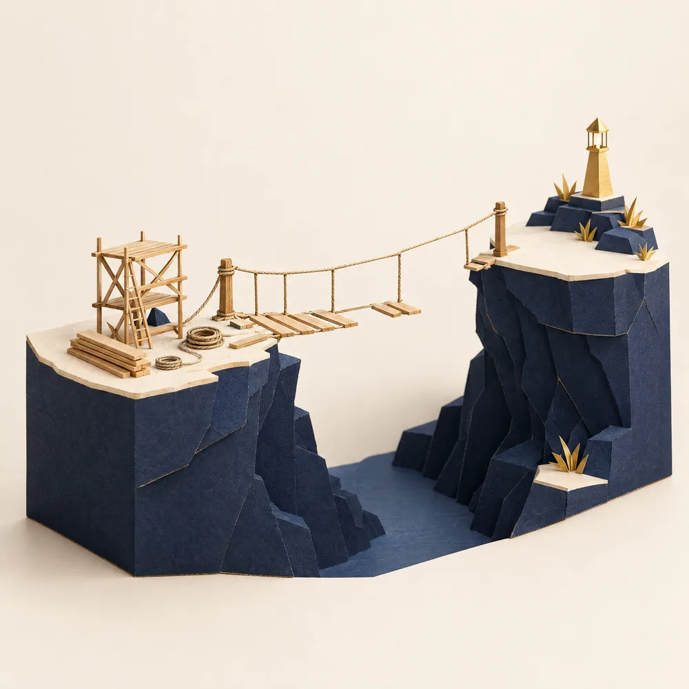 Maqueta de papel: un puente colgante a medio construir entre dos acantilados, con andamio y tablones listos y una baliza dorada al otro lado