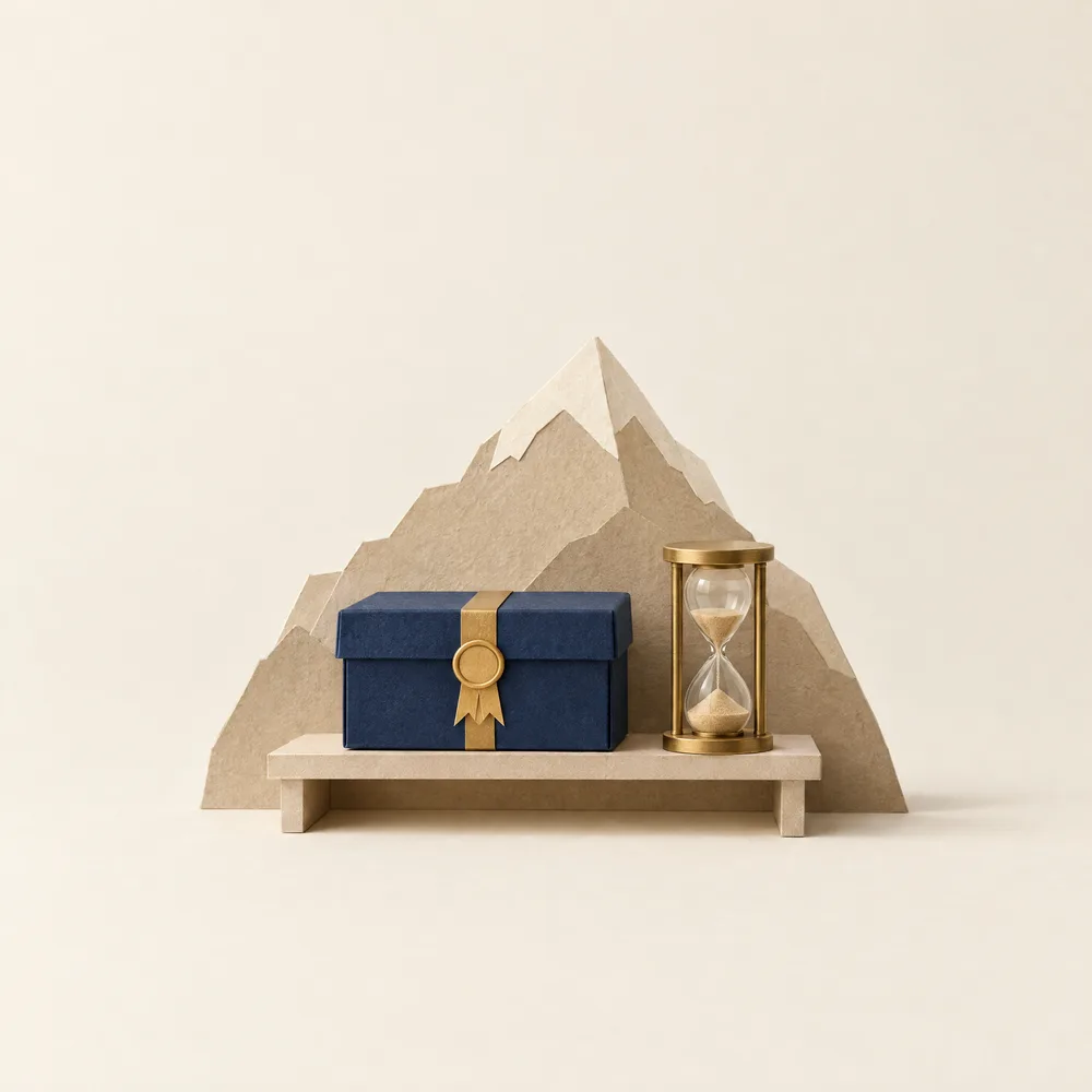 Maqueta de papel: una caja cerrada con sello dorado y un reloj de arena sobre una repisa al pie de una montaña