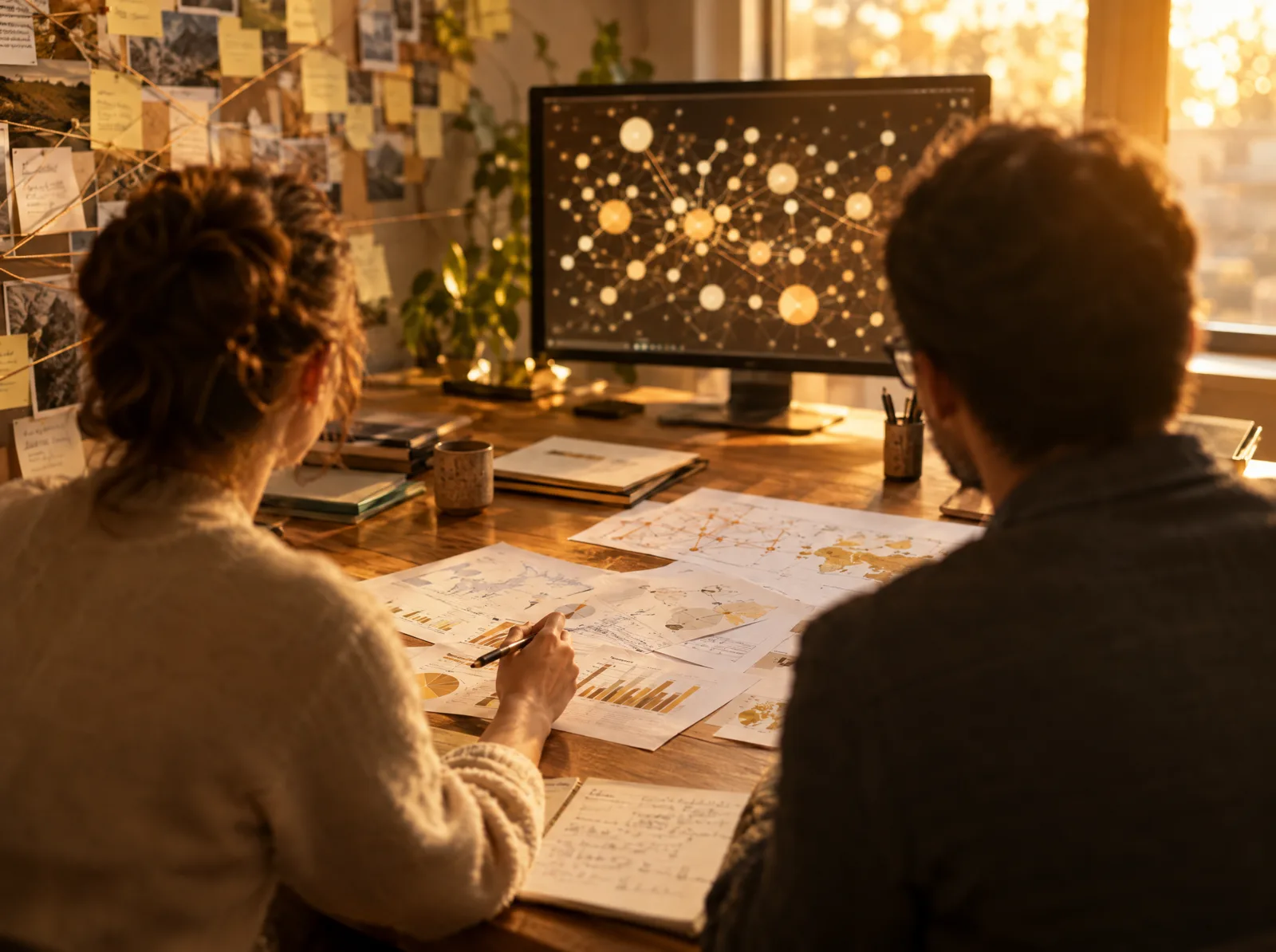 Dos personas vistas de espaldas analizan informes impresos con gráficos frente a un monitor que muestra una red de nodos dorados, imagen ilustrativa