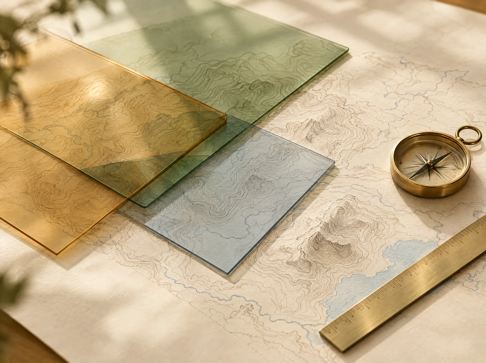 Láminas de vidrio translúcido en ámbar, verde y azul sobre un mapa topográfico dibujado a mano, junto a una brújula y una regla de latón, imagen ilustrativa de las miradas del modelo