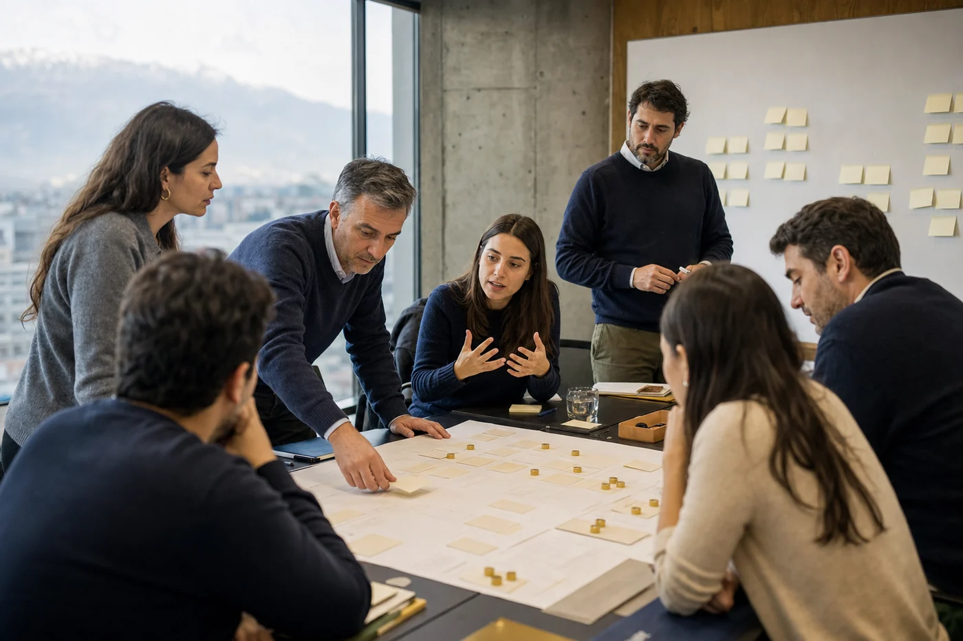 Equipo trabajando de pie alrededor de una mesa con tarjetas y marcadores, con la cordillera de fondo